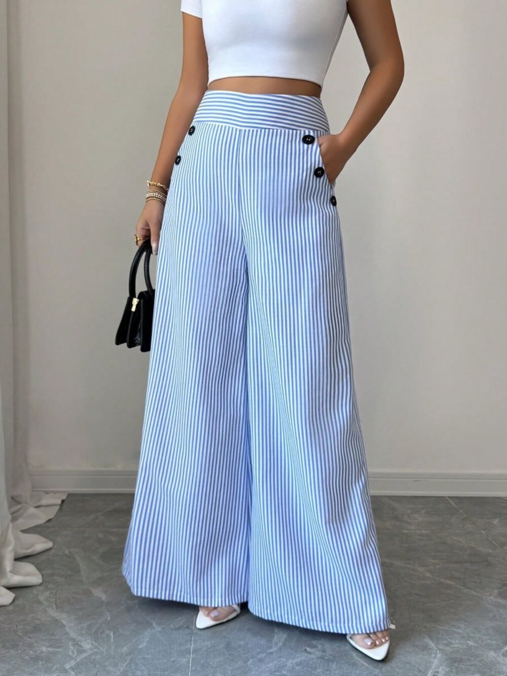 Blue And White Elegant Women's High-Waisted Slim Straight Pants - Picture 5 of 7